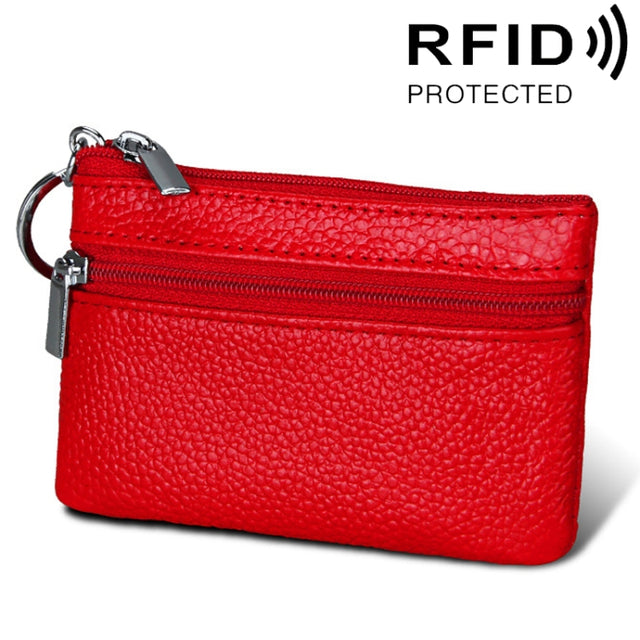 Cowhide Leather Zipper Solid Color Horizontal Card Holder Wallet RFID Blocking Coin Purse Card Bag Protect Case, Size: 11.4*7.4cm(Red)