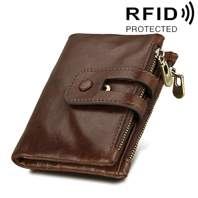 Genuine Cowhide Leather Crazy Horse Texture Zipper 3-folding Card Holder Wallet RFID Blocking Coin Purse Card Bag Protect Case for Men, Size: 12*9.5*3.5cm(Coffee)