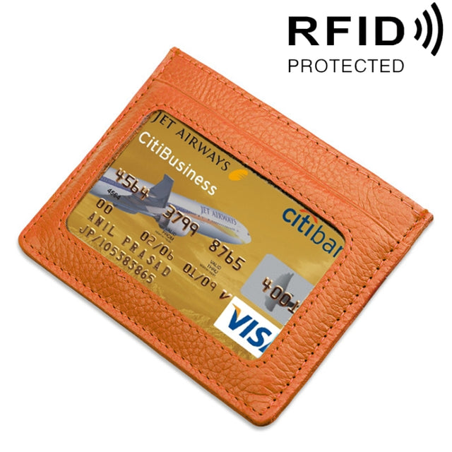 Cowhide Leather Litchi Texture Open Type Solid Color Card Holder RFID Blocking Card Bag Protective Case(Orange)