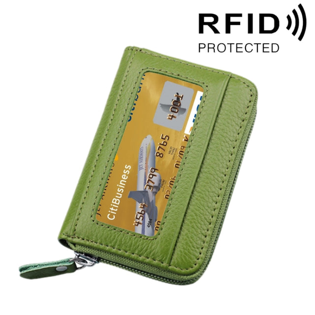 Genuine Cowhide Leather Solid Color Zipper Horizontal Card Holder Wallet RFID Blocking Card Bag Protect Case with 12 Card Slots, Size: 11.5*7.5cm(Green)