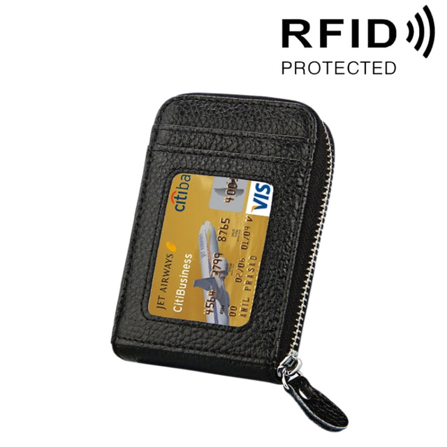 Genuine Cowhide Leather Solid Color Zipper Vertical Card Holder Wallet RFID Blocking Card Bag Protect Case with 12 Card Slots, Size: 11.5*7.5cm(Black)