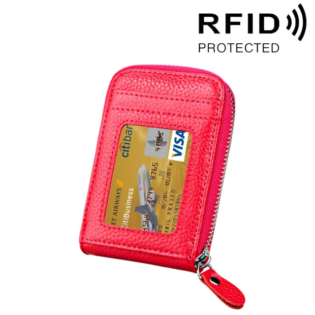 Genuine Cowhide Leather Solid Color Zipper Vertical Card Holder Wallet RFID Blocking Card Bag Protect Case with 12 Card Slots, Size: 11.5*7.5cm(Magenta)