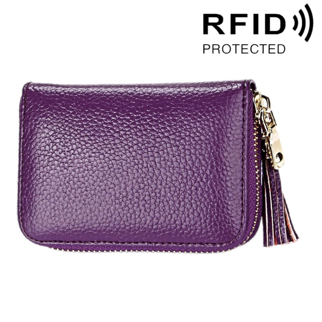 Genuine Cowhide Leather Solid Color Zipper Card Holder Wallet RFID Blocking Card Bag Protect Case Coin Purse with Tassel Pendant & 15 Card Slots for Women, Size: 11.1*7.6*3.5cm(Purple)