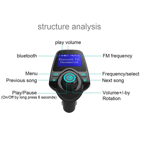 T11 Bluetooth FM Transmitter Car MP3 Player with LED Display, Support Double USB Charge & Handsfree & TF Card & U Disk Music Play Function