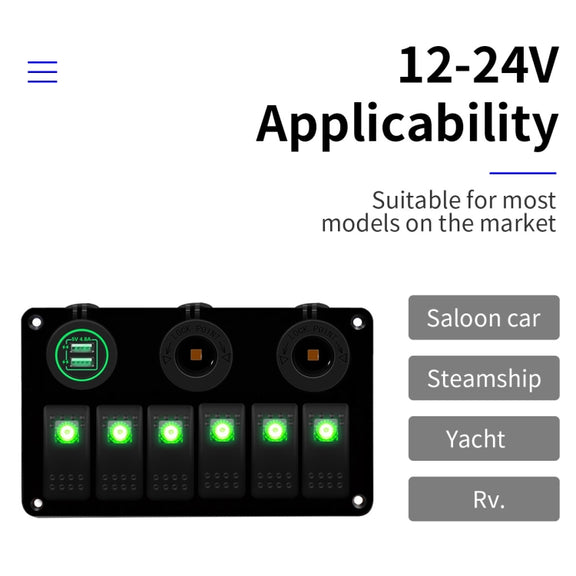 Multi-functional Combination Switch Panel 12V / 24V 6 Way Switches + Dual USB Charger for Car RV Marine Boat (Green Light)