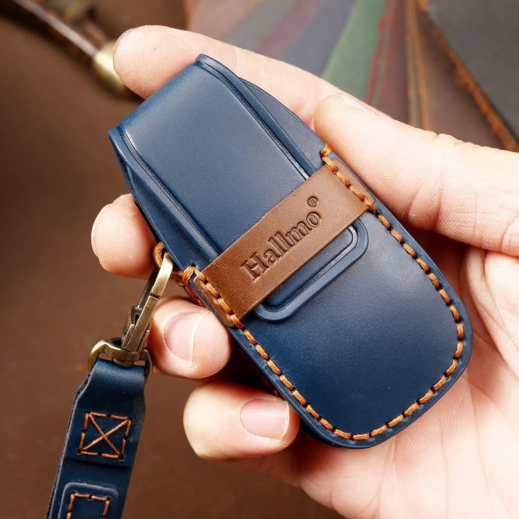 Hallmo Car Cowhide Leather Key Protective Cover Key Case for New Mercedes-Benz E300L(Blue)