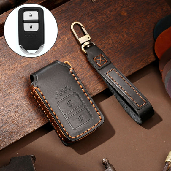 Hallmo Car Cowhide Leather Key Protective Cover Key Case for Honda Civic / Accord 2-button(Black)