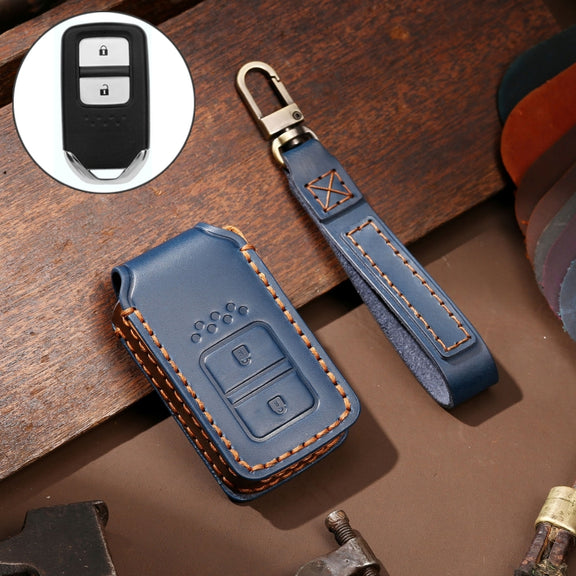 Hallmo Car Cowhide Leather Key Protective Cover Key Case for Honda Civic / Accord 2-button(Blue)