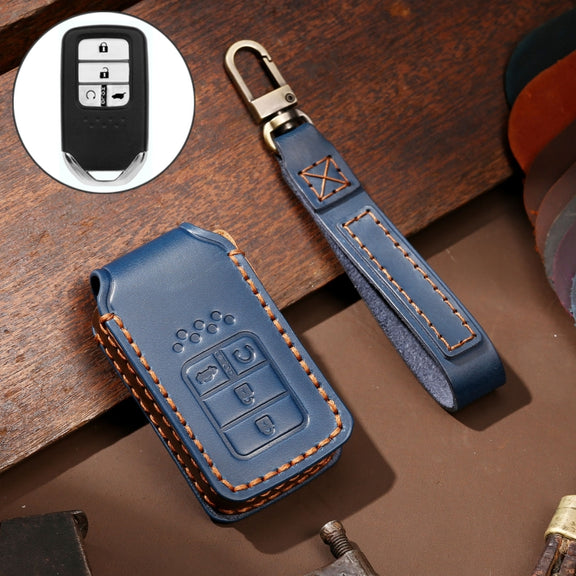 Hallmo Car Cowhide Leather Key Protective Cover Key Case for Honda Civic / Accord 4-button(Blue)