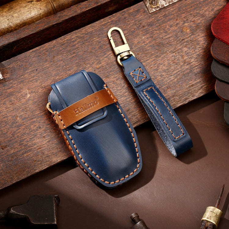 Hallmo Car Cowhide Leather Key Protective Cover Key Case for BYD(Blue)