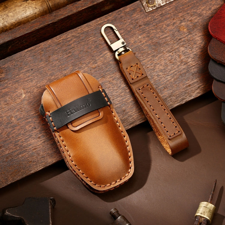 Hallmo Car Cowhide Leather Key Protective Cover Key Case for BYD(Brown)
