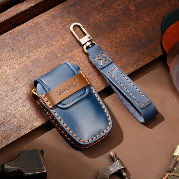 Hallmo Car Cowhide Leather Key Protective Cover Key Case for Toyota Corolla 2018 2-button(Blue)