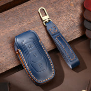 Hallmo Car Cowhide Leather Key Protective Cover Key Case for Ford Focus  A Style(Blue)
