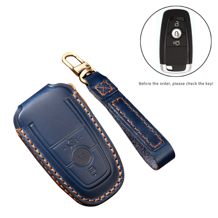 Hallmo Car Cowhide Leather Key Protective Cover Key Case for Ford Focus B Style(Blue)