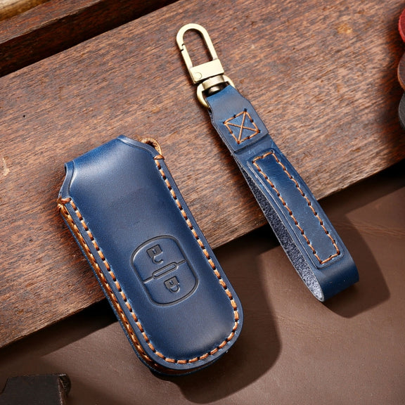 Hallmo Car Cowhide Leather Key Protective Cover Key Case for Mazda Axela 2-button(Blue)