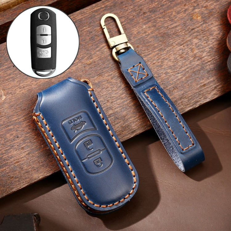 Hallmo Car Cowhide Leather Key Protective Cover Key Case for Mazda Axela 3-button(Blue)