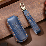 Hallmo Car Cowhide Leather Key Protective Cover Key Case for Mazda Axela 3-button(Blue)