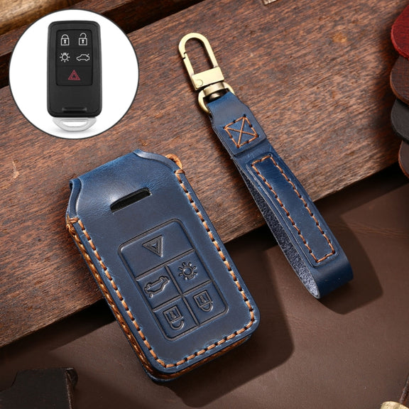 Hallmo Car Cowhide Leather Key Protective Cover Key Case for Volvo 5-button(Blue)