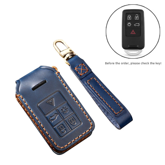 Hallmo Car Cowhide Leather Key Protective Cover Key Case for Volvo 5-button(Blue)