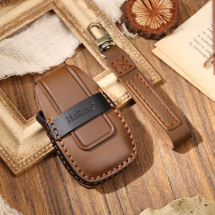 Hallmo Car Cowhide Leather Key Protective Cover Key Case for Changan CS75 Plus(Brown)