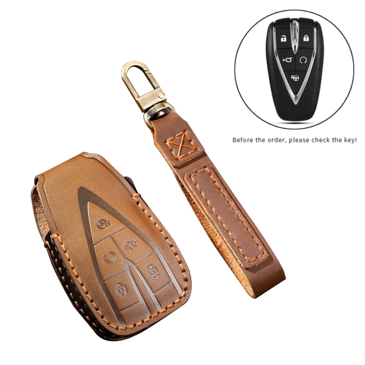 Hallmo Car Cowhide Leather Key Protective Cover Key Case for Changan CS75 Plus(Brown)