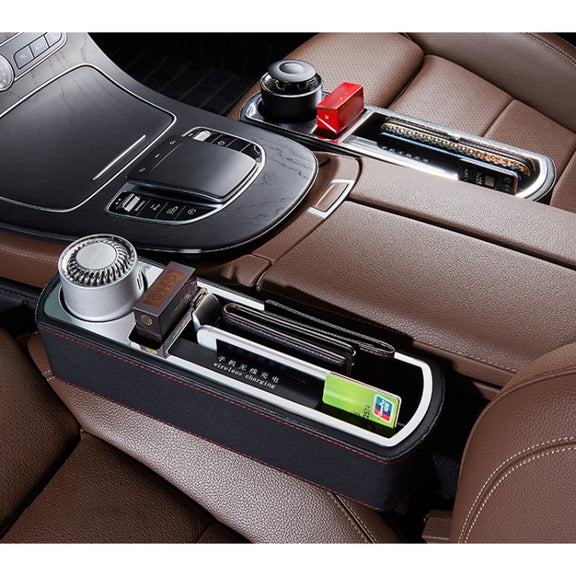 Car Multi-functional Wireless Fast Charge Console PU Leather Box Cup Holder Seat Gap Side Storage Box (Black)
