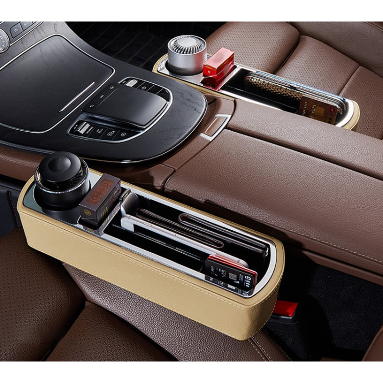 Car Multi-functional Wireless Fast Charge Console PU Leather Box Cup Holder Seat Gap Side Storage Box (Beige)