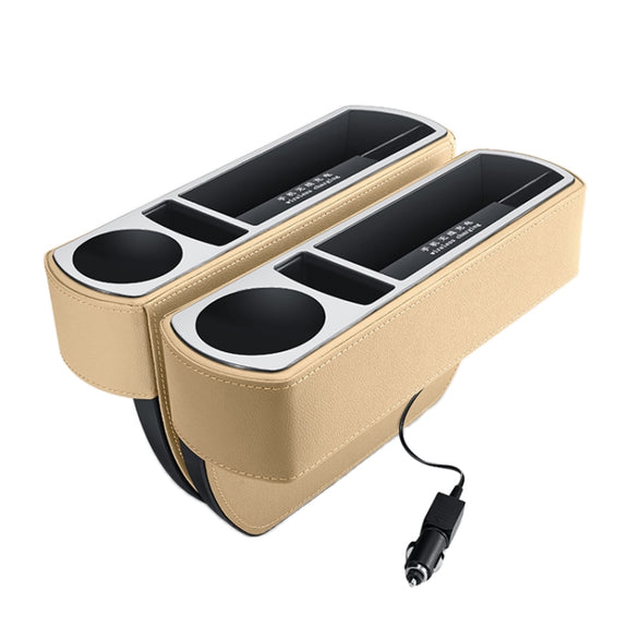 Car Multi-functional Wireless Fast Charge Console PU Leather Box Cup Holder Seat Gap Side Storage Box (Beige)