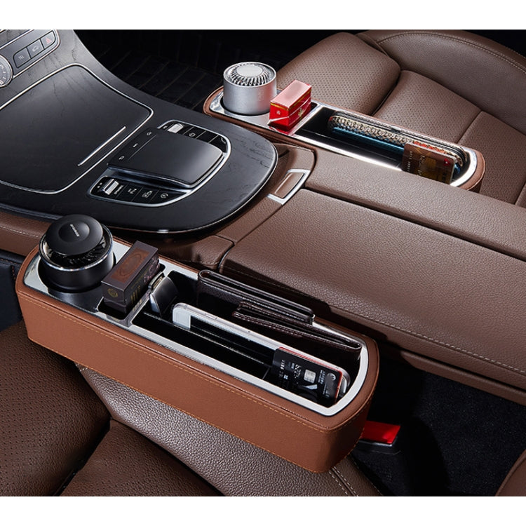 Car Multi-functional Wireless Fast Charge Console PU Leather Box Cup Holder Seat Gap Side Storage Box (Brown)