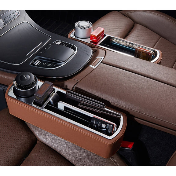 Car Multi-functional Wireless Fast Charge Console PU Leather Box Cup Holder Seat Gap Side Storage Box (Brown)