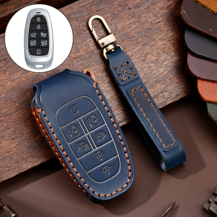 Hallmo Car Cowhide Leather Key Protective Cover Key Case for Hyundai 7-button(Blue)