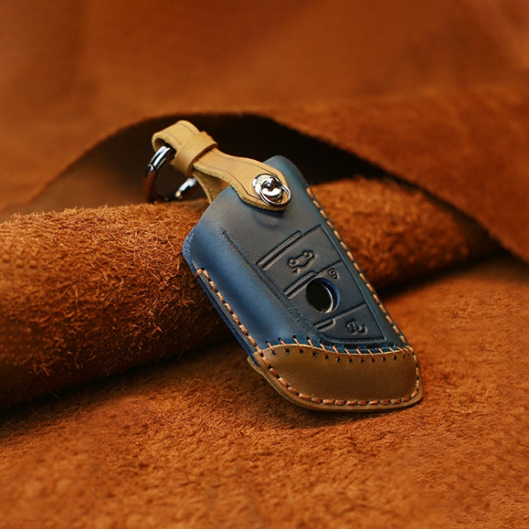 For BMW Blade Style Car Cowhide Leather Key Protective Cover Key Case, Two Keys Version (Blue)