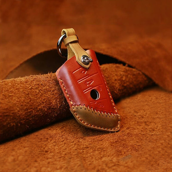 For BMW Blade Style Car Cowhide Leather Key Protective Cover Key Case, Three Keys Version (Red)