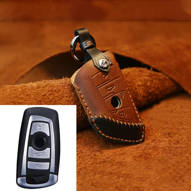 For BMW Blade Style Car Cowhide Leather Key Protective Cover Key Case, Three Keys Version (Brown)