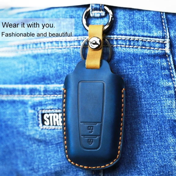For Toyota Car Cowhide Leather Key Protective Cover Key Case, Two Keys Version(Blue)