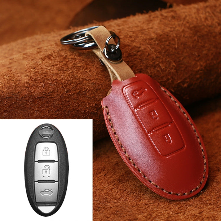 For Nissan Car Cowhide Leather Key Protective Cover Key Case, Three Keys Tailgate Version (Red)