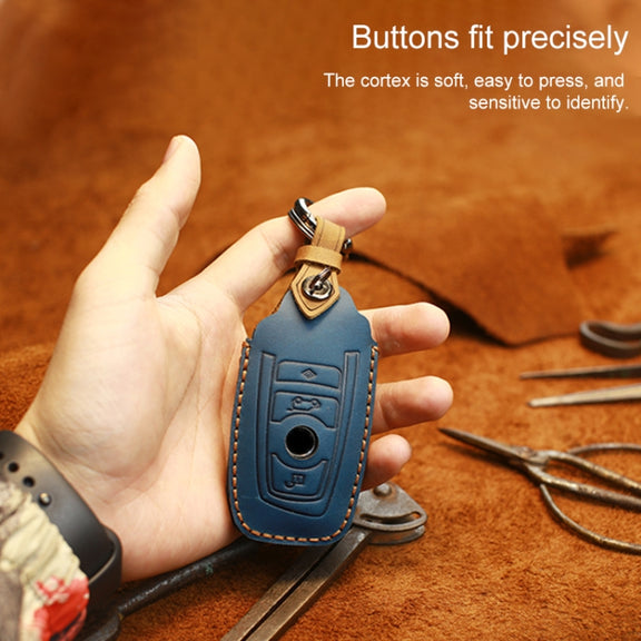 For BMW Old Style Car Cowhide Leather Key Protective Cover Key Case, Two Keys Version (Blue)