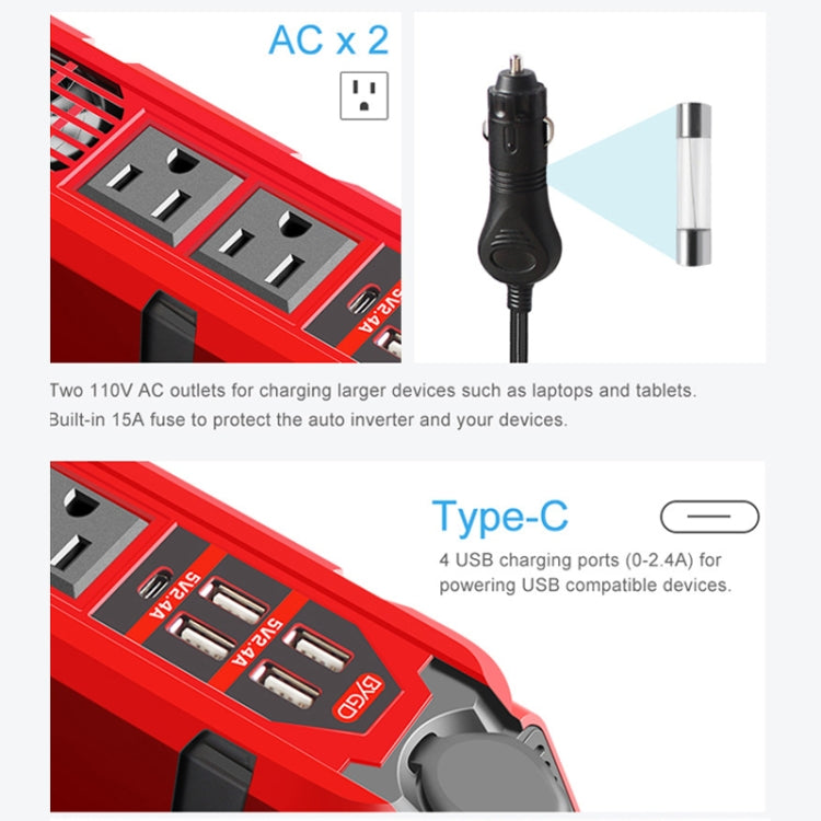 12V to 110V 200W Car Correction Sine Wave Inverter, US Plug