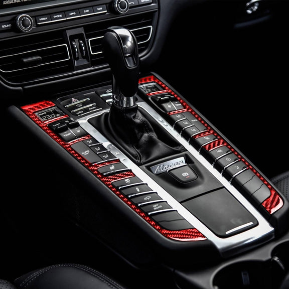 Car Carbon Fiber Gear Button Frame Decorative Sticker for Porsche Macan 2014-2021, Left and Right Drive Universal (Red)