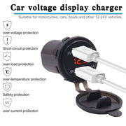 Universal Car Dual Port USB Charger Power Outlet Adapter 3.1A 5V IP66 with LED Digital Voltmeter + 60cm Cable(Red Light)