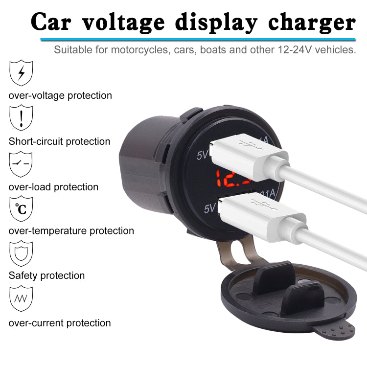 Universal Car Dual Port USB Charger Power Outlet Adapter 3.1A 5V IP66 with LED Digital Voltmeter + 60cm Cable(Red Light)