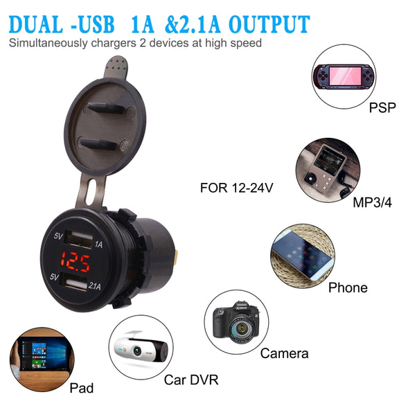 Universal Car Dual Port USB Charger Power Outlet Adapter 3.1A 5V IP66 with LED Digital Voltmeter + 60cm Cable(Red Light)
