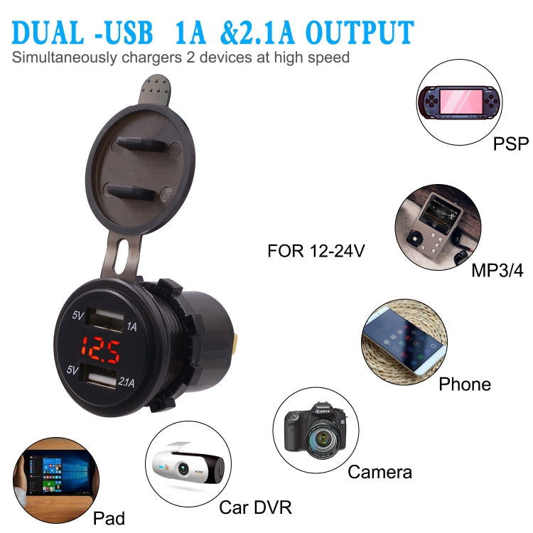 Universal Car Dual Port USB Charger Power Outlet Adapter 3.1A 5V IP66 with LED Digital Voltmeter + 60cm Cable(Red Light)