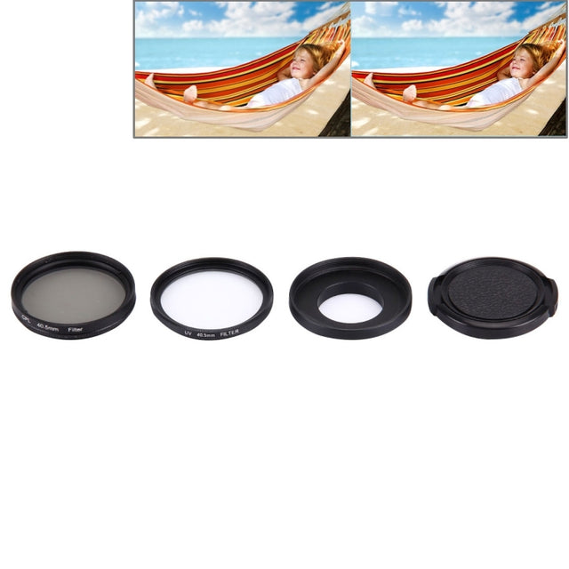 JUNESTAR 4 in 1 Proffesional 40.5mm Lens Filter(CPL + UV) & Water-resistant Housing Case Adapter Ring & Lens Protective Cap for GoPro HERO4 / 3+ / 3 Sport Action Camera