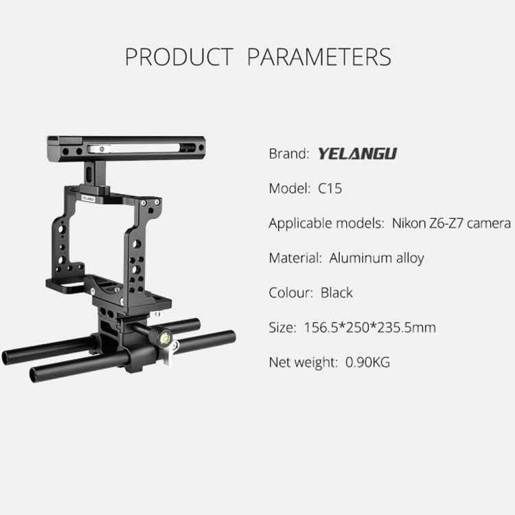 YELANGU C15 YLG0711A Video Camera Cage Stabilizer with Handle & Rail Rod for Nikon Z6 / Z7(Black)