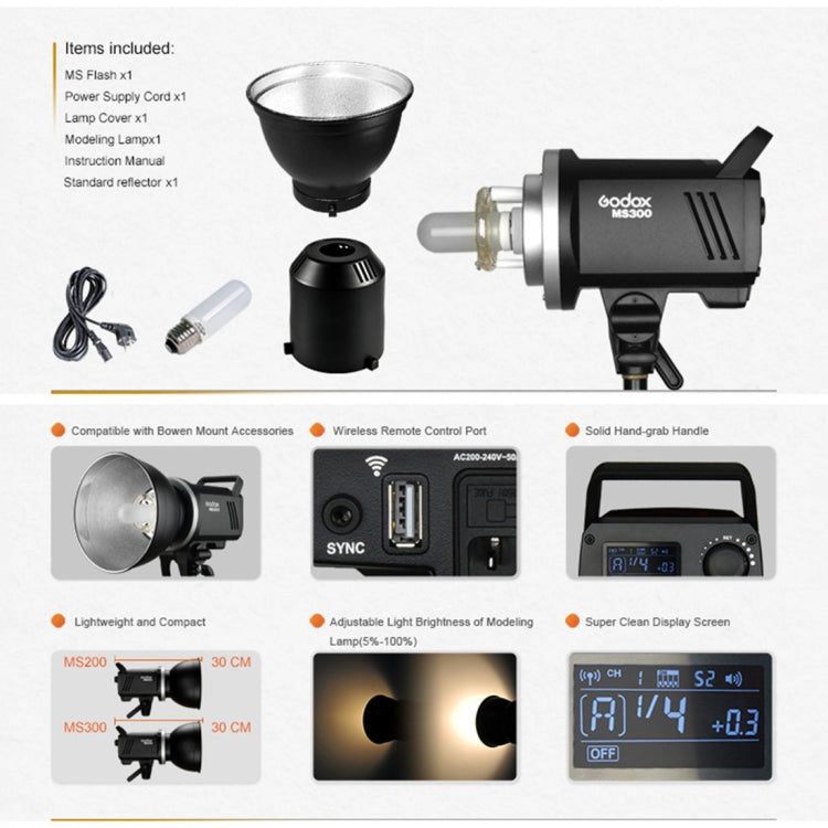 Godox MS300 Studio Flash Light 300Ws Bowens Mount Studio Speedlight with Cover(AU Plug)