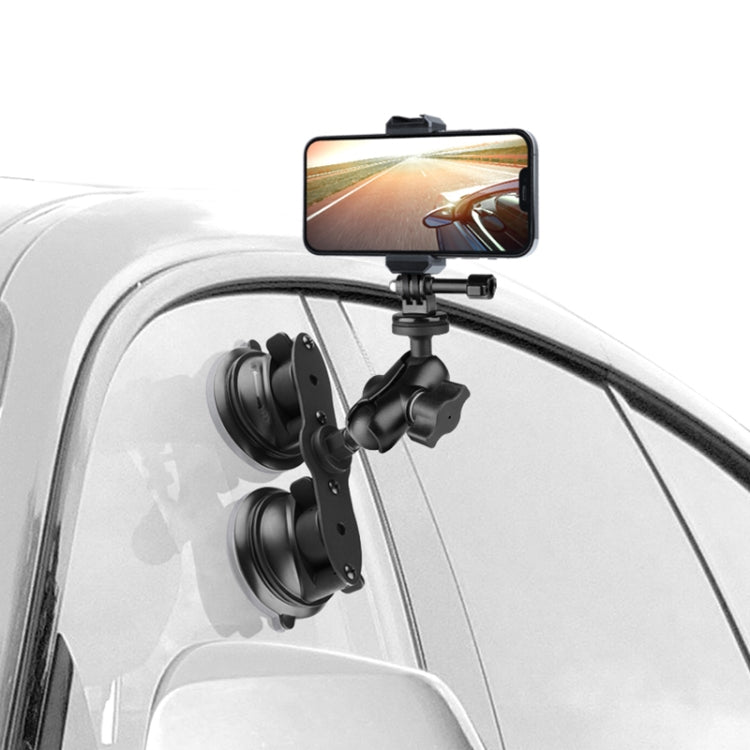 Dual Suction Cup Mount Holder with Tripod Adapter & Steel Tether & Safety Buckle (Black)