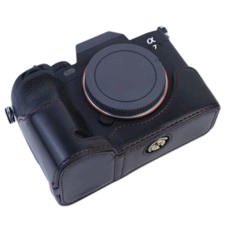 1/4 inch Thread PU Leather Camera Half Case Base for Sony A7 IV (Brown)