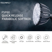 FEELWORLD FSP60 60cm Parabolic Softbox Quick Release Diffuser with Bowens Mount (Black)
