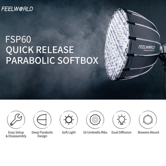 FEELWORLD FSP60 60cm Parabolic Softbox Quick Release Diffuser with Bowens Mount (Black)